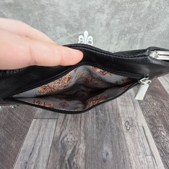 HOBO Lauren Wallet Clutch Embossed Black Leather Floral Lined Kiss Lock Fold New - Picture 4 of 14